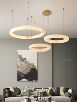 Lustre Suspendu d'Intérieur en Laiton Antique Bronze, Design Moderne Halo Di Pietra Alabaster, Double Anneau, Tube Rond