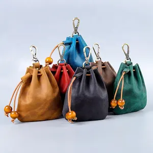 Wholesale Old Style Leather Drawstring Pouch with Key Chain Inside for Coins, Keys, Cards, Earphone etc.