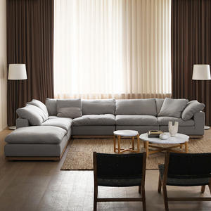 Sofá Esquinero de Lujo de 3 Plazas en Tela de Lino Crema, Madera Maciza, Estilo Moderno, Muebles de Hotel - Product Image 4