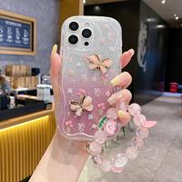 Nouvelle coque de téléphone motif papillon et fleurs pour iPhone 16 17 11 18 Pro Max, motif cluster, estivale, légère, fraîche, tendance, avec chaîne, protection intégrale