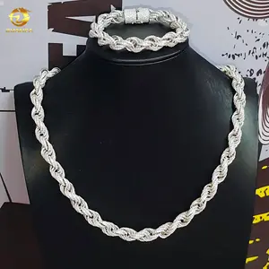 Zuanfa big size moissanite rope chain fashion silver jewelry 10mm vvs moissanite rope bracelet necklace for men and women