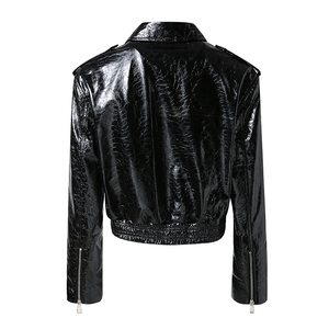 Dernier modèle de veste en cuir véritable pour femme, coupe courte, en cuir verni <span class=keywords><strong>noir</strong></span>, taille cintrée - Product Image 4