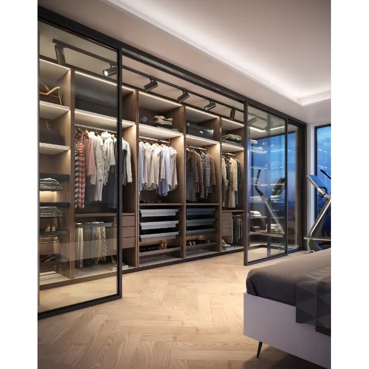 Hangzhou High End Glass Door wardrobe Cabinet Luxury Walk in Closet Sliding Closet Wardrobe Door Hardware