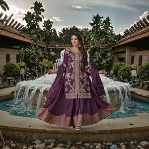 Salwar Kameez Anarkali Morado Bordado con Hilos Florales, Abrigo Largo para Mujer, para Bodas Pakistaníes y Graduaciones - Product Image 3