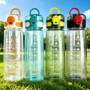 Bouteille d'eau en plastique 750 ml avec marqueurs de temps, bouchon à charnière, utilisation sportive en extérieur, design unisexe - Product Image 1