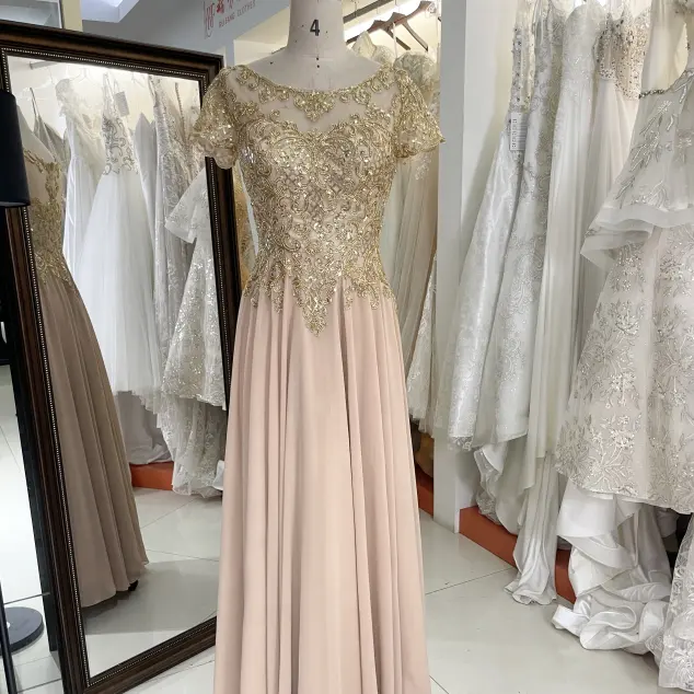 Nice Embroidery At Bodice Chiffon A Line Skirt Short Sleeve beaded groom mother gold dress for mother of the brides