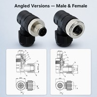 Connecteurs M12 DIN à fixation sur site, codage A, étanches IP67, à contacts dorés, à visser, mâle/femelle, droits/angulaires, 3-8 broches, en stock, expédition immédiate