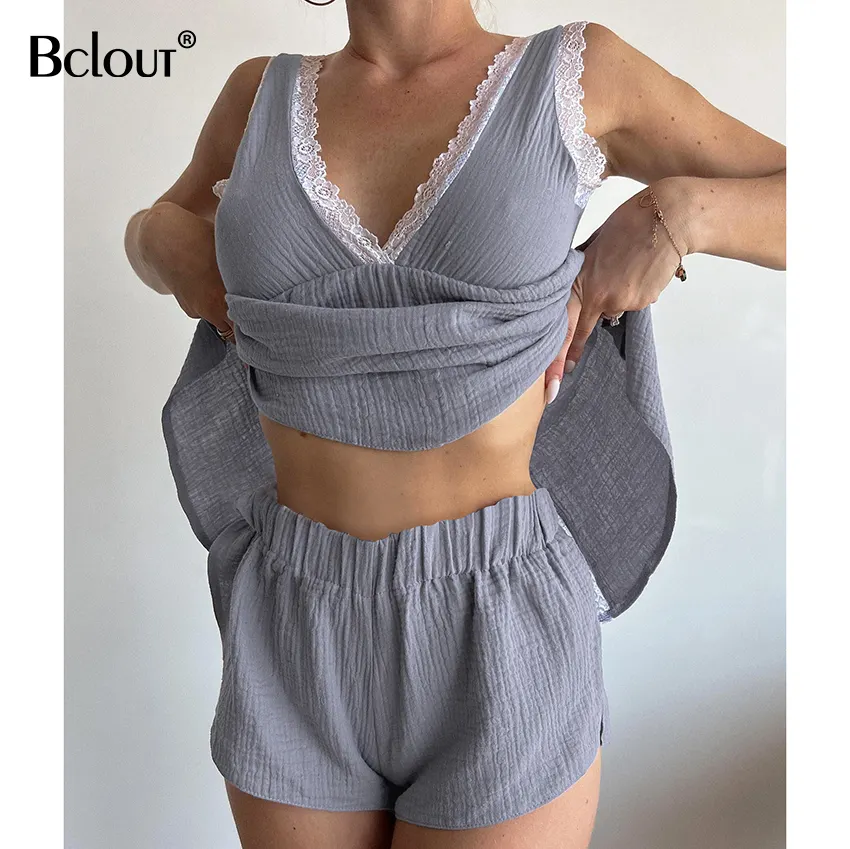 Bclout Fashion Homewear Cardigan Sexy Loose Vest Solid Color Pajama Sleep Set Home Clothes Suspenders Lace Shirt Short Nightwear