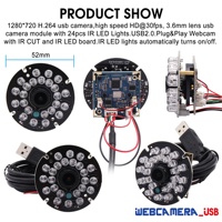 ELP HD 720P USB 2.0 Module de caméra infrarouge à vision nocturne à faible coût avec LED infrarouges 850nm pour la surveillance vidéo de voiture, système de stationnement