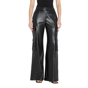 Pantalon en <span class=keywords><strong>jean</strong></span> extra long plat à taille haute pour femmes pantalon en <span class=keywords><strong>cuir</strong></span> cargo <span class=keywords><strong>noir</strong></span> droit à jambe large pour femmes - Product Image 2