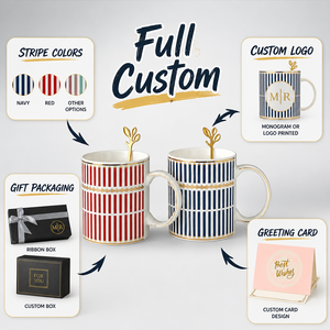 <span class=keywords><strong>Set</strong></span> Regalo di Tazze da Caffè in Ceramica Personalizzate a Righe, 2 Tazze con Cucchiai in Foglia d'Oro, Confezione Regalo con Nastro Nero, Blu Navy Rosso OEM - Product Image 4
