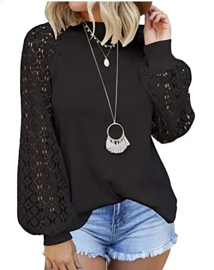 Amazon Hot Sale Fall New Style Women Long Sleeve Tops Lace Casual Loose Blouses T Shirts Women's T-shirts