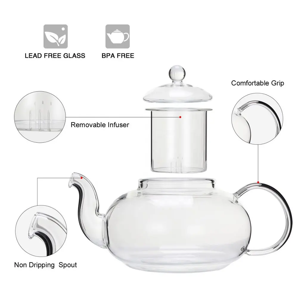 CnGlass borosilicate ग्लास चायदानी के साथ गैस स्टोव सुरक्षित गिलास चाय के बर्तन और निर्माता के लिए मोमबत्ती गरम और तर करने वाला गिरा हुआ पत्ता चाय
