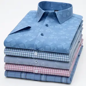 Summer new men's bamboo fiber elastic short-sleeved shirt men's Slim plain casual anti-wrinkle non-iron shirt
