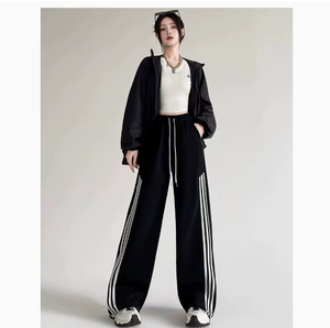 Pantalones de chándal de punto para mujer, de cintura alta, pierna ancha, ajuste holgado, anti-bolitas, con estampado serigrafiado, lisos, con cordón, informales de otoño, OEM - Product Image 2