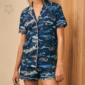 Organic bamboo cotton Pajama Short Set with custom print lounge set pyjama set for women ladies cotton pajamas womens sleepwear