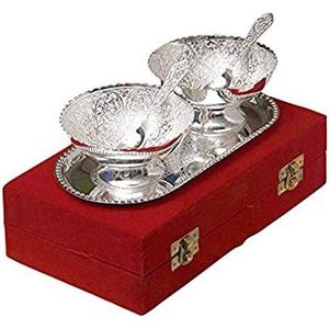 PARIJAT HANDICRAFT Royal Engraving Design Set of 5 Pcs Brass Bowl Platter Tray Spoon Indian Decorative Gift Packed <b>Box</b> - Product Image 1