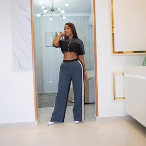 Conjunto de Calças de Jeans com Detalhes em Denim e Zíper, Top com Gola, Calças de Perna Larga, Conjunto <span class=keywords><strong>Casual</strong></span> Feminino - Product Image 4