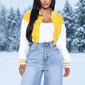 Women's Yellow <b>White</b> Varsity <b>Jacket</b> Full Sleeve Contrast Color Crop Design Turn-down Collar Spring Style - Product Image 2