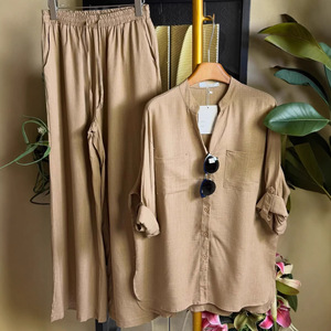 Conjunto de <span class=keywords><strong>Ropa</strong></span> para Mujer Estilo Europeo y Americano, Verano 2026, Camisa Holgada de Manga Larga y Pantalones Anchos Casuales - Product Image 1
