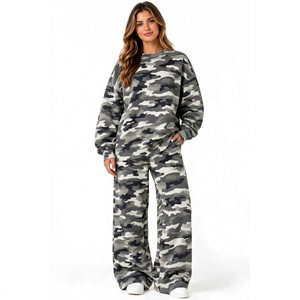 Conjunto de 2 piezas con estampado de camuflaje, sudadera de manga larga con cuello redondo y pantalones anchos, atuendo informal holgado para mujer - Product Image 1