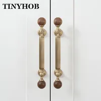 Poignées vintage en bois de noyer et laiton avec boutons à extrémité sphérique à rayures verticales, tirants de meubles en bronze antique pour armoires et tiroirs
