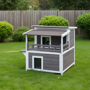 Refugio de madera para gatos salvajes de 2 pisos con techo de balcón para todas las estaciones, diseño moderno. - Product Image 2