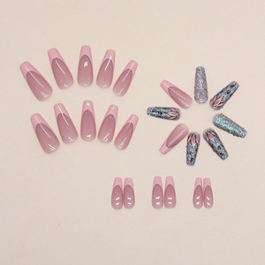 Stock disponible : 24 pièces/ensemble – Ongles à presser carrés plats style français super brillants, couvrance totale, forme cercueil - Product Image 2