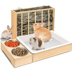 Mangeoire à foin en bois 3 en 1 pour lapins avec 2 bols et cuvette de toilette pour cobaye hamster chinchillas - Product Image 1