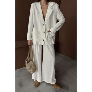 Conjunto de Traje Oversize de Lino para Mujer, Pantalones Anchos Transpirables Blancos, Blazer 100% Lino - Product Image 1