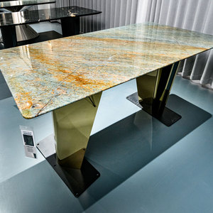 Table à manger en marbre de style minimaliste italien, texture dorée, pierre naturelle avec base en acier inoxydable, mobilier de vente en gros - Product Image 1