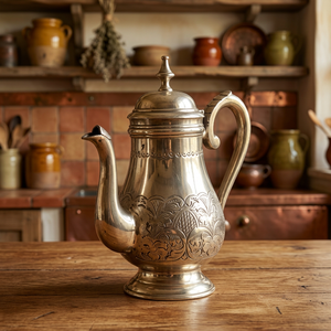 Pot à eau vintage en métal avec couvercle et poignée, design décoratif en relief - Product Image 2