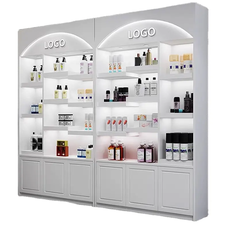 Custom Wit Led Licht Parfum Display Meubels Hout Opslag Cosmetische Plank Stand Cosmetische Vitrinekast Voor Winkel