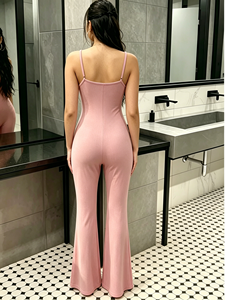 Body de tirantes finos acanalado rosa, mono largo acampanado para mujer, estilo bodycon, elástico, color liso, para todas las estaciones - Product Image 3