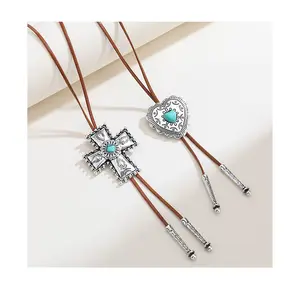 Retro Fashion Western Style Turquoise Cross Heart Shape Charm Pendant Leather Necklace
