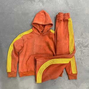 Conjunto de Sudadera con Capucha y Pantalones de Chándal de Algodón Grueso de 500G, Estilo Vintage Lavado y Decolorado, con Rayas, para Hombre, Venta al Por Mayor - Product Image 4