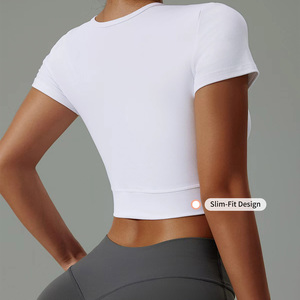 Maglietta da <span class=keywords><strong>donna</strong></span> personalizzata gilet <span class=keywords><strong>Fitness</strong></span> di alta qualità sport a maniche corte palestra allenamento Crop Top allenamento Yoga t-shirt per donne stile Casual - Product Image 4