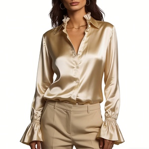 Women's Satin Ruffle Collar Sleeve Blouse - Button Front Casual <b>Top</b> Shirt Fashion - Product Image 1