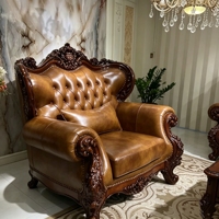 Ensemble de canapés classiques européens en cuir véritable, cadre en bois massif sculpté à la main, pour grand salon de villa, mobilier de maison