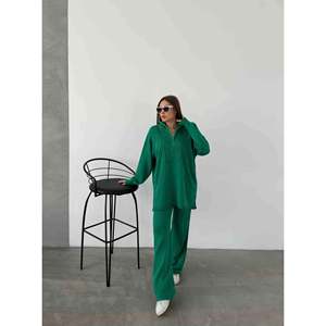 Ensemble en tricot vert à col polo et fermeture éclair pour femme, mélange de laine, taille S - Product Image 3