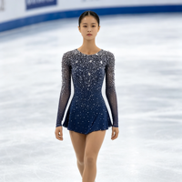 Robe de patinage artistique bleu marine entièrement ornée de strass, dos nu, manches longues, en maille pour enfants et adultes, pour compétitions sur glace