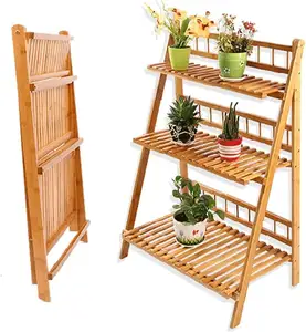 Suporte de plantas para plantas, prateleira de flores, escada de bambu, suporte dobrável para plantas, decorativo para jardim ao ar livre