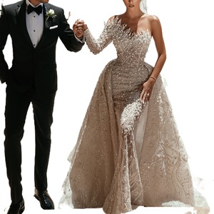 Luxo frisado ilusão manga comprida trem destacável das mulheres africanas noiva vestidos de casamento um ombro nupcial vestidos de casamento - Product Image 1