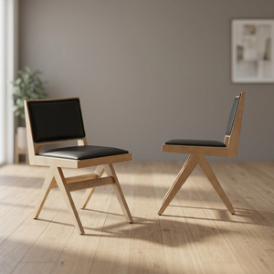 Chaise de salle à manger moderne en bois massif français, assise et dossier rembourrés en cuir PU, structure en bois naturel, mobilier de maison - Product Image 2