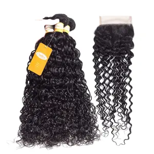 Calidad superior 5 PCS/Lot Indian Water Wave Virgin Hair con cierre de encaje 4 paquetes de cabello humano virgen