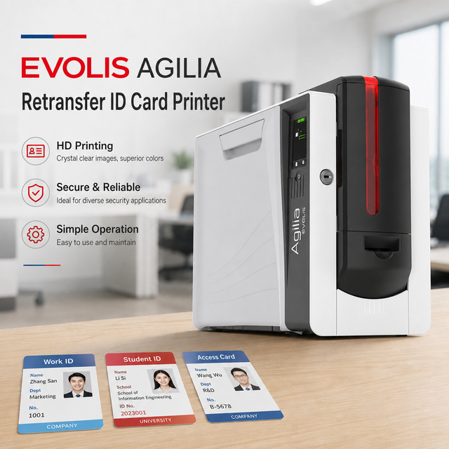 Evolis Agilia 600 DPI Retransfer Card Printer, Professional ID Badge Printer, Single & Double-Sided PVC Card Printing Machine