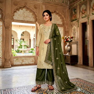 Ensemble Kurta brodé crème avec dupatta violet, tenue ethnique traditionnelle indienne et pakistanaise pour femmes, longueur au sol - Product Image 1