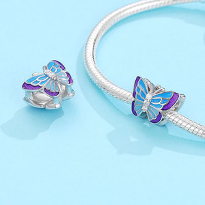 Colgante de mariposa de plata S925 con esmalte bicolor azul y morado, con 3 circonitas cúbicas, elegante joya de insecto para mujer - Product Image 2