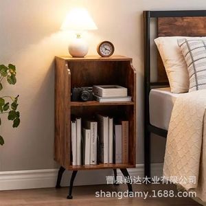 Retro solid wood floor shelf, multi-tiered storage rack for vinyl <b>records</b> and magazines, multi-functional bedside storage rack - Product Image 1