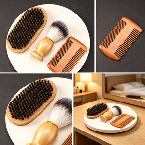 Kit de soin de la <span class=keywords><strong>barbe</strong></span> pour homme de luxe 4-en-1 avec brosse en poils de sanglier naturels, peigne en bois et sac en velours pour un cadeau de la fête des pères - Product Image 4